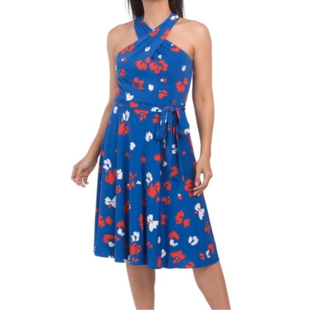 NWT Tahari ASL Blue Floral Twist Halter Neck Dress 12 / Large